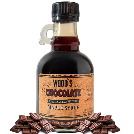 Woods Chocolate Maple Syrup Small-Batch Vermont Maple Syrup Infused with Rich Cocoa | All-Natural, Vegan Sweetener for Pancakes, Ice Cream, Coffee, Baking & More | 8.45 Fl Oz (250mL)
