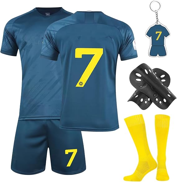 Football Kits for Kids, 2023/24 Home Away Soccer Jerseys New Kids Football Kits Boys Girls, Football Training Shirts Shorts Socks Guard Plate and Keychain, Gifts for Children