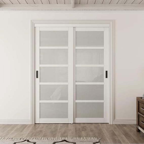 White 5 Lites Glass Solid Core Closet Sliding Door, 48"x80"