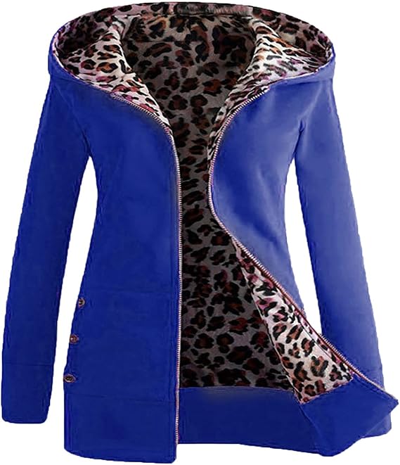 Womens Fashion Leopard Lined Jackets Warm Faux Coat Winter Hiooded Jacket Long Sleeve Zip Up Hoodie Outerwear