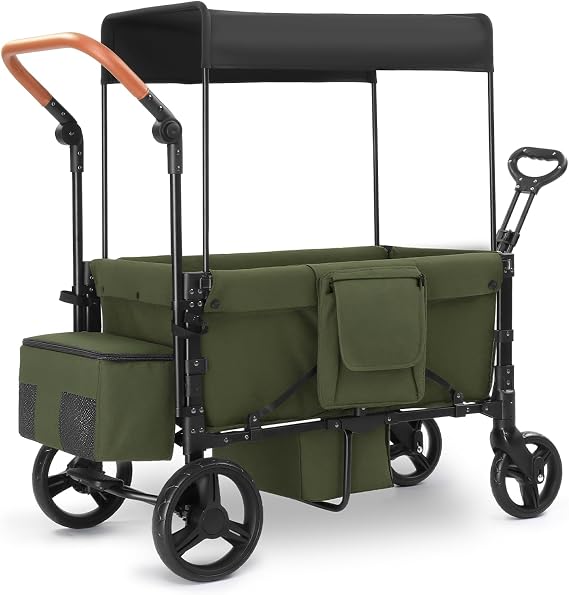 Stroller Wagon for 2 Kids, Foldable All Terrain Wagon for Kids, with Removable Canopy, Adjustable Push and Pull Handle, 5 Point Harnesses, Large Storage Bag (Green)
