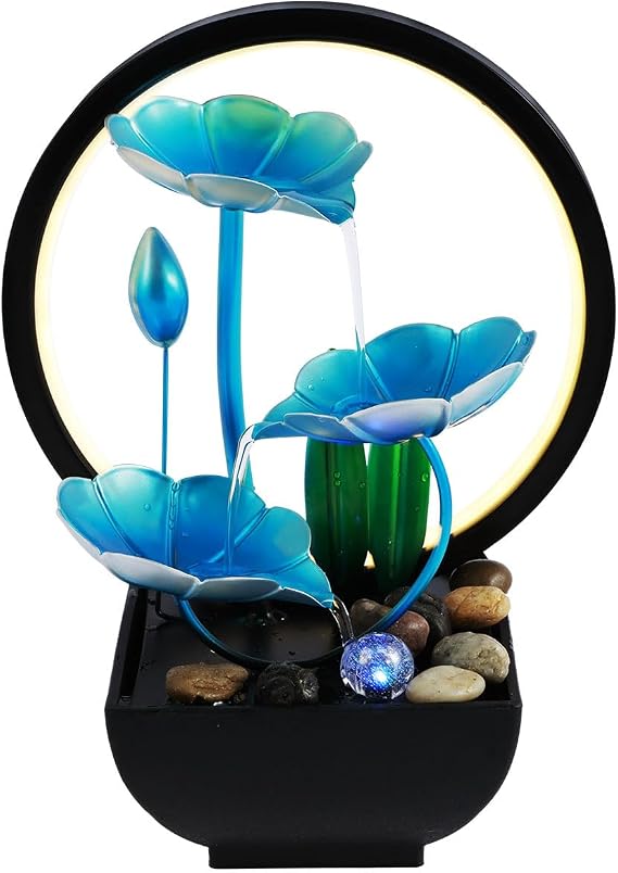 Tabletop Fountain, 3-Tiers Water Lily Leaf Small Waterfall Fountains, Indoor Water Fountain with Rocks and LED Ring Lights, Desktop Fountains for Home Bedroom Living Room Office Decor(Blue)