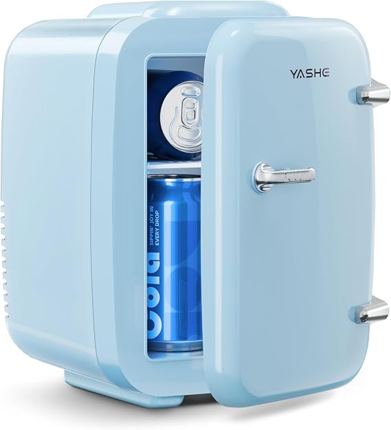 YASHE Mini Fridge, 4 Liter/6 Cans Portable Cooler and Warmer, AC/DC Power Small Fridge, Quiet Desk Skincare Fridge for Beauty Drinks Medicine, Mini Fridge for Bedrooms Office Dorm Car Travel, Blue