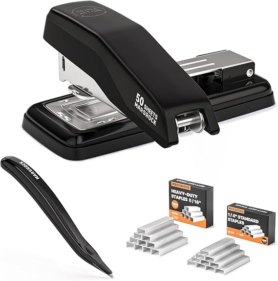 Marsrock Stapler 180° Rotation Middle Binding Stapler Strong Desktop Maximum 50 Sheets Binding Stapler Remover/2000 Staple Pins Included for Office Home Classroom Booklet Binding Use Black