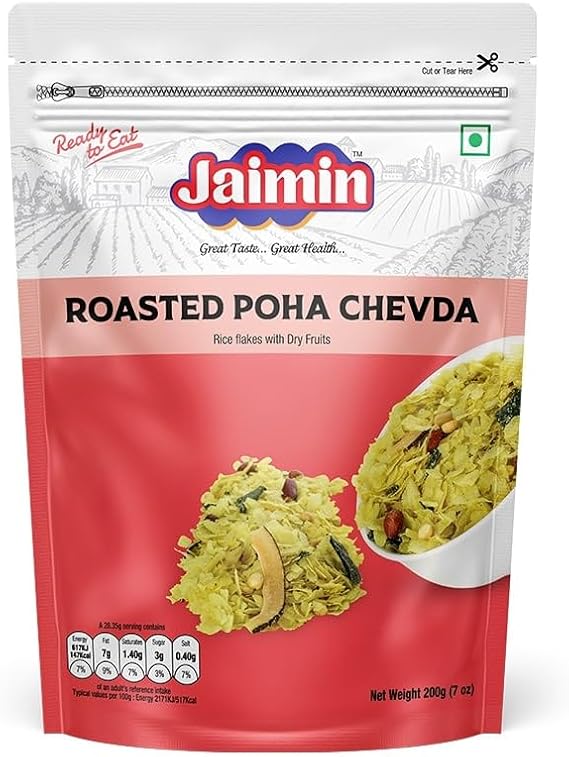 Jaimin Indian Snacks Variety Pack, 34 Items - Ratlami Sev, Makhna, Jeera Puri, Khatta Mitha, Pudina Moong, Chana Dal, Chai Puri, Banana Chips, Soya Sticks & More (Pack of 1, Roasted Poha Chevdo)