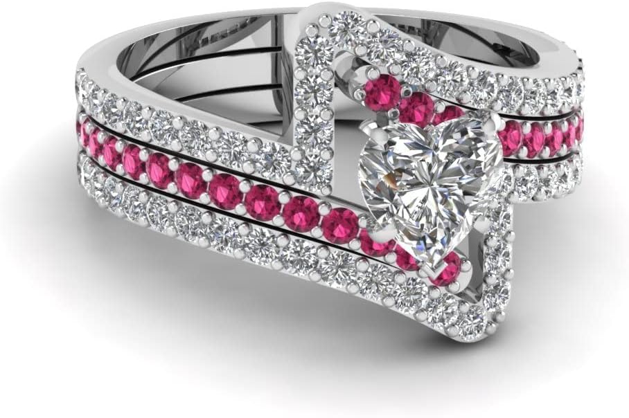 Choose Your Color Crossover Diamond CZ Trio Wedding Set Sterling Silver Heart Shape Trio Wedding Ring Sets Ornaments Surprise for Wife Symbol of Love