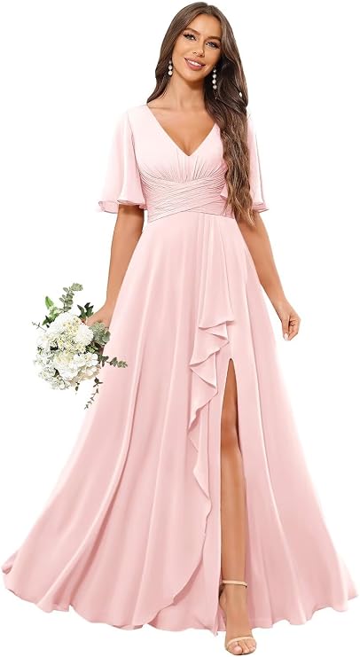 Sukleet Women's Flutter Sleeve Bridesmaid Dress Long for Wedding V Neck Ruffled Chiffon Formal Dress with Slit