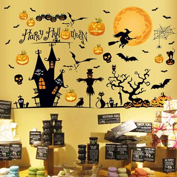 Happy Halloween Removable Wall Stickers Window Clings Art Decoration Vinyl Witch Bats Pumpkin Decals for Home Decor Indoor Outdoor