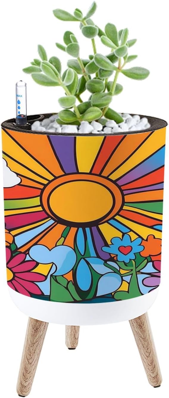 Planter with Stand 70 s groovy retro sunshine flowers print sign Vintage hippie floral 8.6" Self Watering Plant Pot with Legs Water Level Indicator & Water Inlet Lazy Flower Pot Indoor Modern Decor