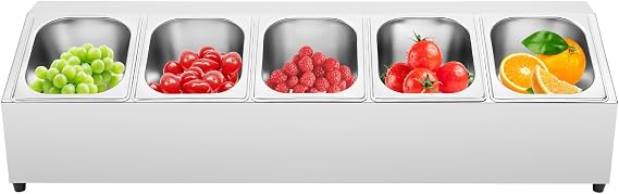 5 Pan Spice Rack Shelf, Stainless Steel Seasoning Organizer with 5 1.5L Food Containers and Lids, Pizza Topping Station Organizer Inclined for Restaurants, Hot Pot and Fruit Shops, 33.86x8.86x8.66in