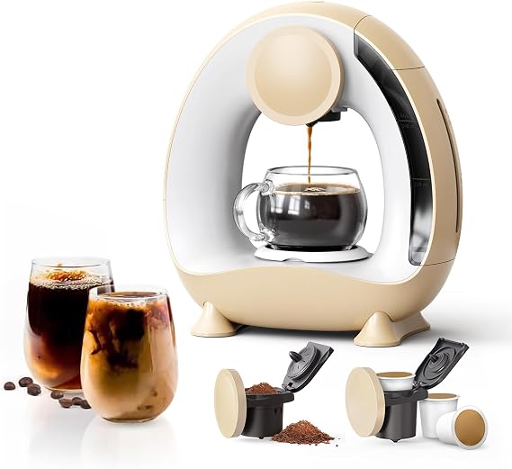 Single Serve Coffee Maker For KCup&Ground Coffee, MINI Q Americano 2 in 1 Mini One Cup Coffee/Tea Maker With Coffee Filter/KCUP-Adapter, 240 ML Brew Sizes, Champagne Color