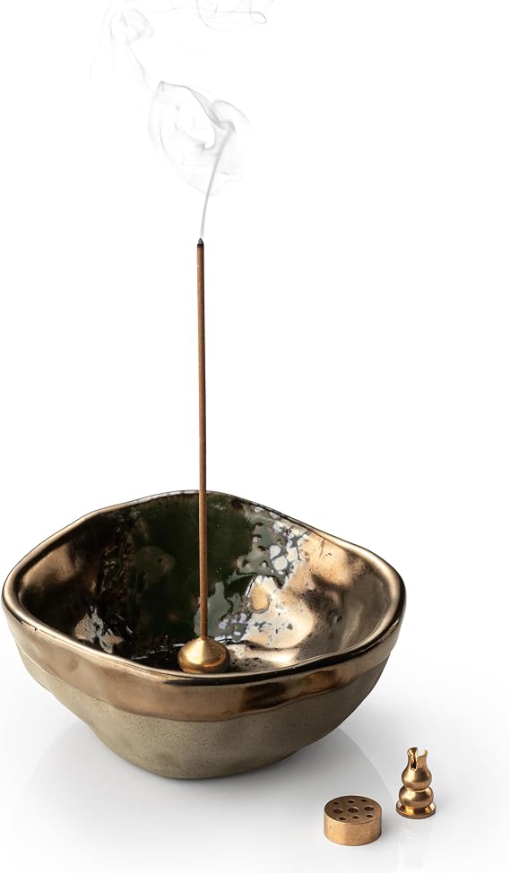 4.25 Inch Incense Holder, Ceramic 4 in 1 Incense Burner, Incense Holder for Sticks with 3 Incense Sockets, Modern Insence-Stick Holder for Bulk Incense, Palo Santo, Gold