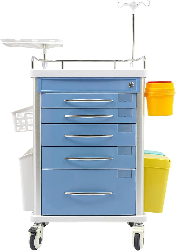 Medical Crash Carts with 5-Drawer,Adjustable IV Pole | 4 locking casters, side baskets, 176 lbs capacity, Power Strip, rolling nursing cart for clinics, hospitals
