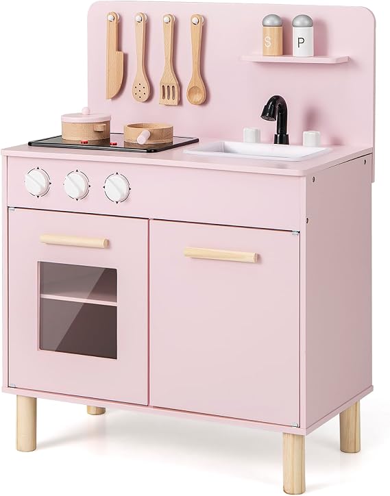 COSTWAY Kids Play Kitchen, Wooden Pretend Toy Kitchen with Sound & Lights, Sink, Faucet, Oven, Utensils, Children's Chef Role Play Set for Boys Girls (Pink)