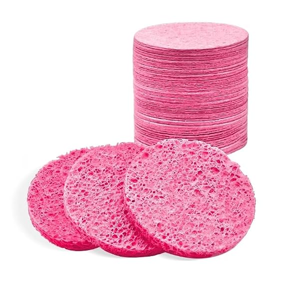 50-Count Compressed Facial Sponges, Round 100% Natural Cellulose Cosmetic Spa Sponges for Daily Facial Cleansing, Makeup and Mask Removal Exfoliating, Skin Massage, Pink