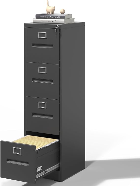 File Cabinet, 4 Drawers Vertical File Cabinets with Lock for Home Office,Heavy Duty Office Steel Filing Cabinet for Hanging Letters/Legal/A4, Assembly Required,Black
