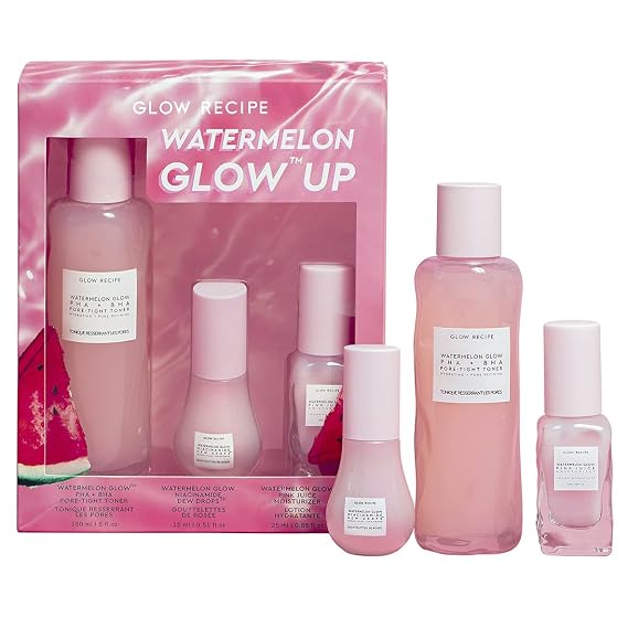 Glow Recipe Watermelon Glow Up 3-Piece Gift Set - BHA + PHA Pore-Tight Facial Toner with Hyaluronic Acid (150ml), Niacinamide Dew Drops Serum (15ml) + Pink Juice Oil-Free Facial Moisturizer (25ml)
