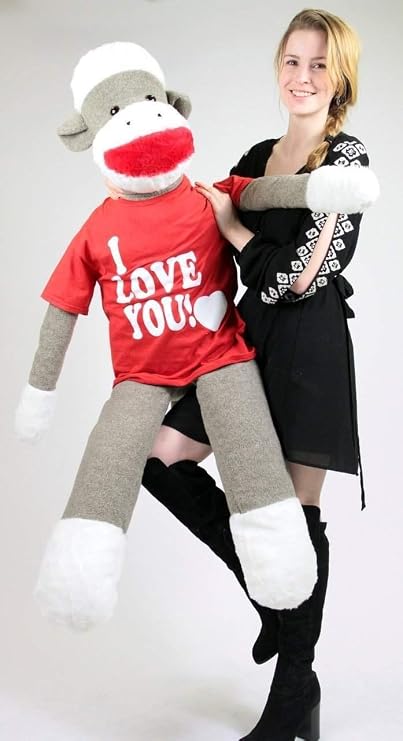 Big Plush American Made Giant Sock Monkey 54 Inch Soft Wears Removable T-Shirt I Love You