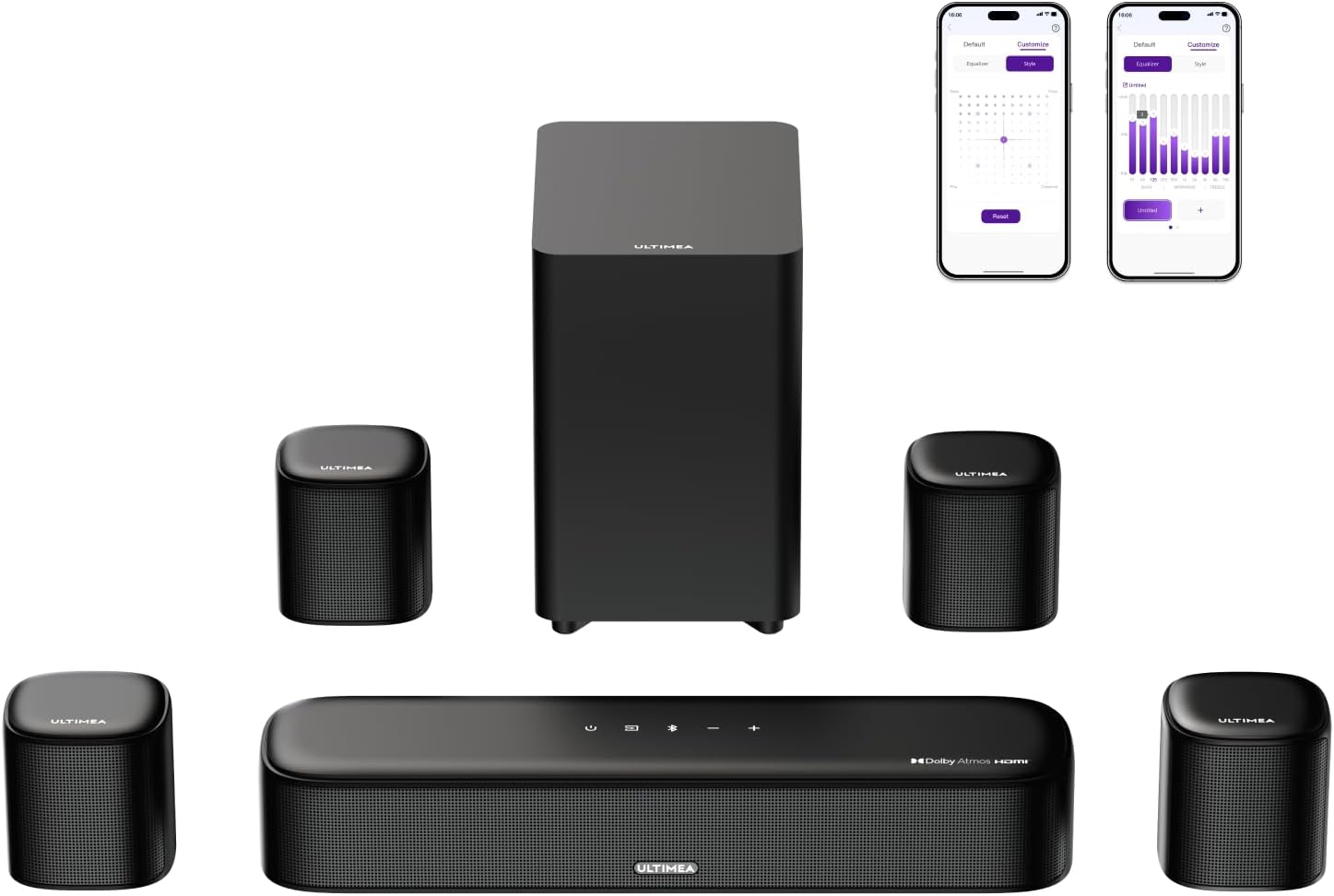 ULTIMEA 7.1 Soundbar for TV Devices Dolby Atmos Surround Sound System with 4 Surround Speakers TV Soundbar with Subwoofer for Home Cinema Sound System App HDMI eARC Bluetooth 5.3 Aura A60