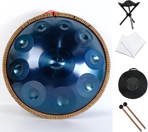 22" D Minor Handpan Drum, 10 Notes Steel Drum Percussion for Yoga/Meditation/Zen Education, Steel Tongue Drum with Soft Hand Pan Bag, 2 Mallets, Handpan Stand, Dust-Free Cloth (Color : Blue)