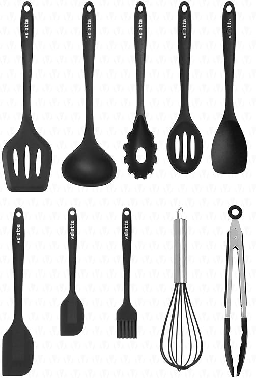 Valletta Salvatore Heat Resistant Fireproof Nonstick Silicone Spatula Set 10 Pieces Black