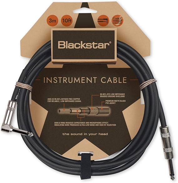 Blackstar Bas/Elektro Gitar/Elektro-Akustik/Klavye/Amp için 3m (10ft) Enstrüman Kablosu Düz ¼ "Jack to Angle ¼" Jack (BSCABLESTD10FTSA)