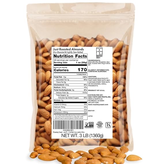 Roastery Coast - Just Roasted Almonds | 3 LB Bulk Daily Nuts | Keto Snack | Lightly salted | Plant Protein | Heart Healthy | Antioxidant | Gluten Free | Non-GMO Project Verified | Low sodium