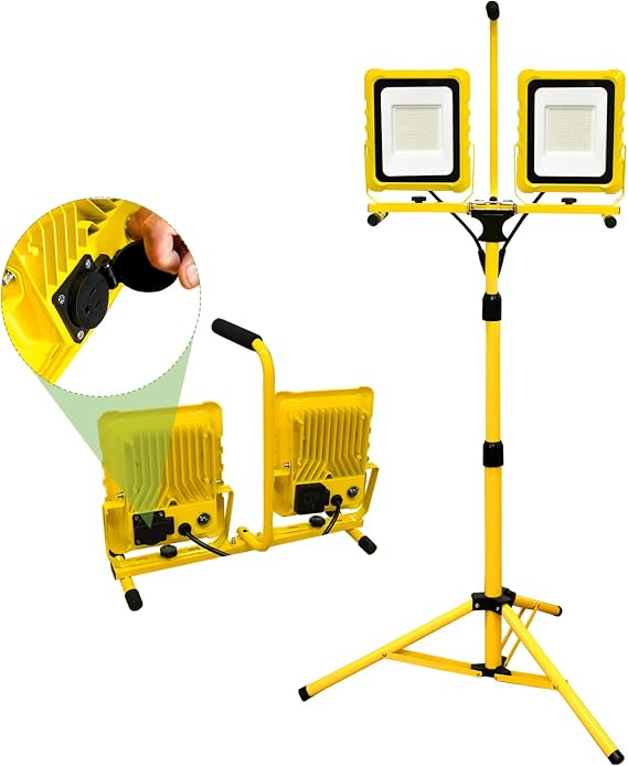 20000 Lumens Work Light with Stand, Dual Head LED Work Light with USB & Socket, 10 Feet Cord Waterproof Portable Light with Individual Switch, LED Flood Light, 72" with Adjustable Metal Telescopic