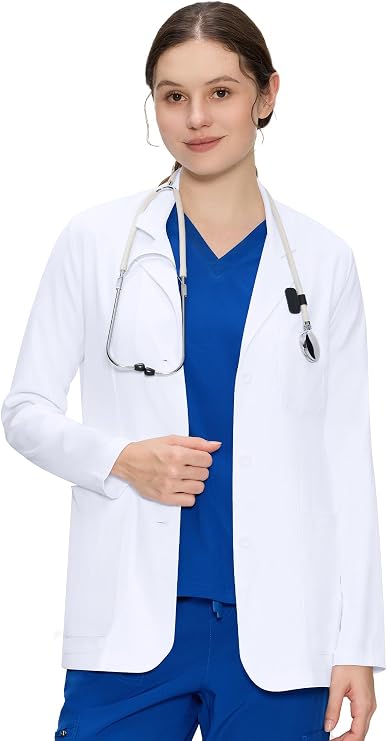 White Lab Coat for Women, Button Front Consultation Coat, White | 4 Pockets, Long Sleeve Layer, Soft Comfot Fabric, For Students, Doctors, Clinic Work, Daily Rounds, Workwear, Costume