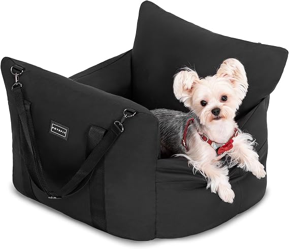 Small Dog Booster Seat - Waterproof Dog Booster Seat for Car with Storage Pockets, Clip-On Safety Leash and Thickened Memory Foam Filling, Puppy Car Seat Do Up to 25lbs, Black