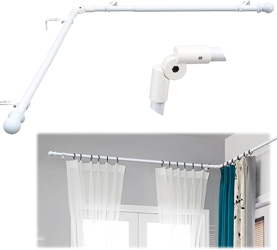 White Steel Corner Curtain Rod, 30-136 Inch, Adjustable, Wall Mounted, Glossy Smooth Finish