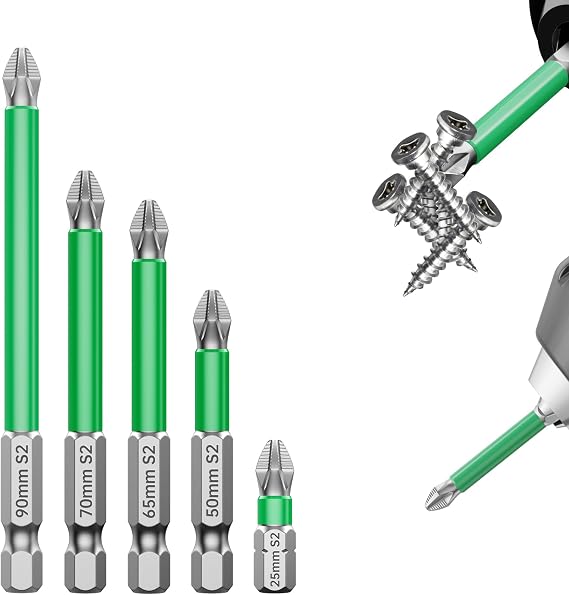 HUHAO 5Pcs Magnetic Screwdriver Bit Set,S2 Alloy Steel Anti-Slip Drill Bit,1/4 Inch Hex Shank,Impact Driver Bit Torque Screwdriver Waterproof Impact Batch Head for Electric Hand Tool,25mm-90mm
