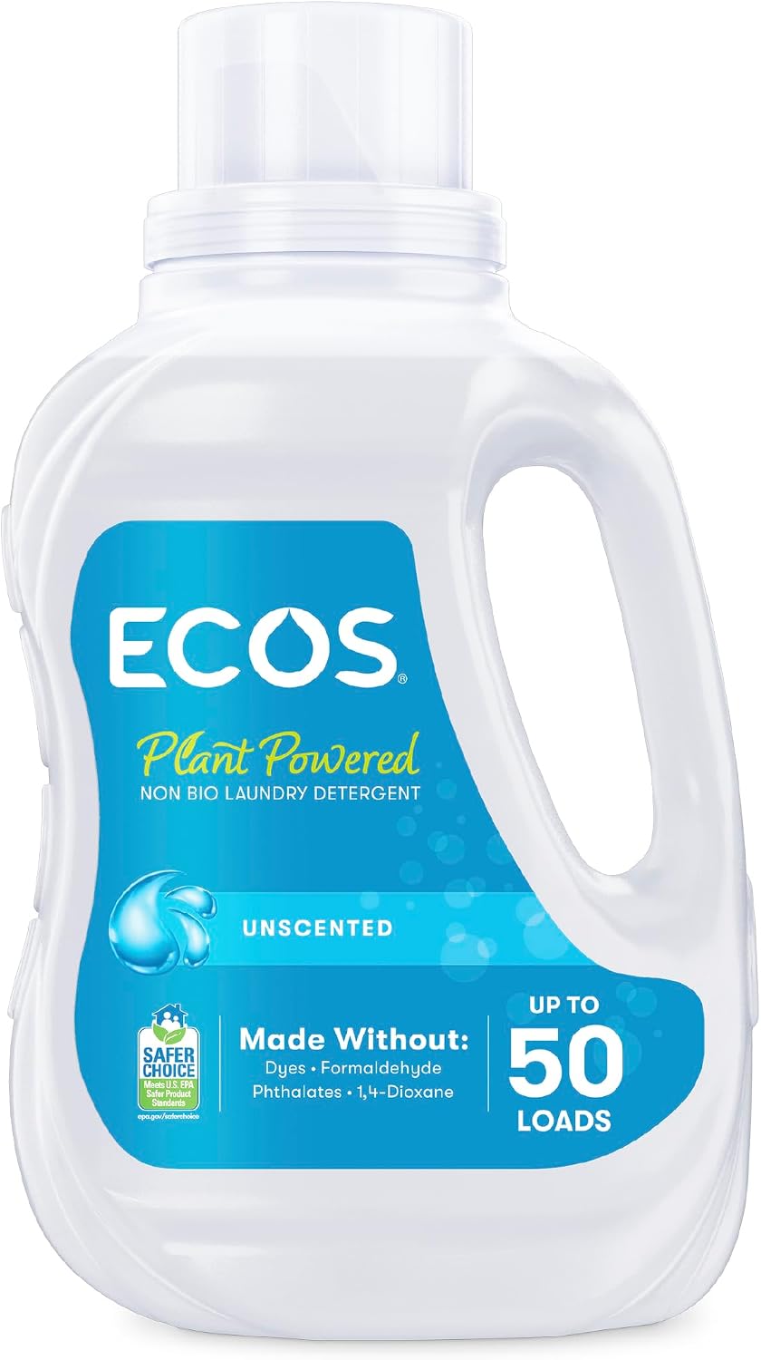 ECOS Laundry Detergent - Fragrance-Free, Plant Based Coconut Derived Laundry Liquid, Vegan and Suitable for Sensitive Skin, Results at All Temperatures 50 Loads, Free & Clear, 1.5L