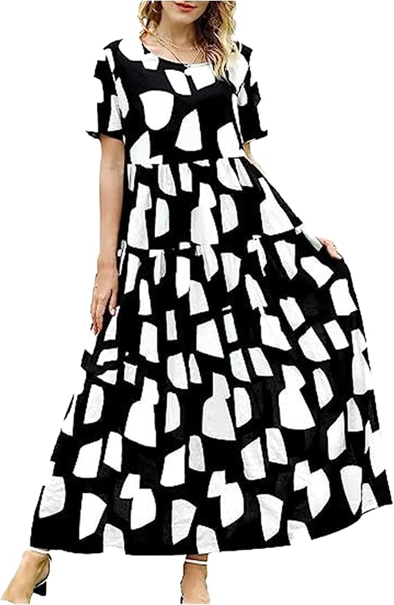 Zhyaj Boho Maxi Dress for Womens Cotton Floral Printed Long Dress Summer Casual Short Sleeve Beach Vacation Dresses