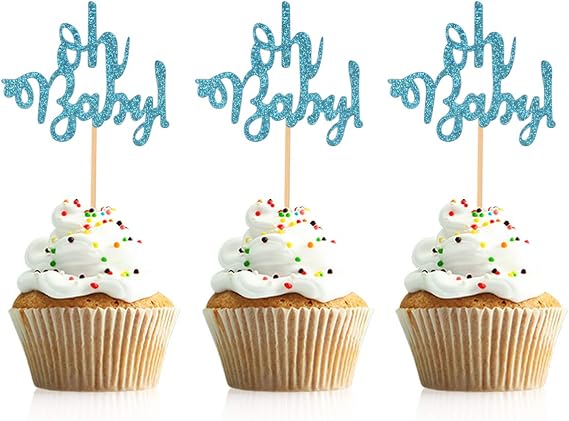 48 Pcs Blue Glitter Oh Baby Cupcake Topper Picks for Baby Shower Party Cake Decorations