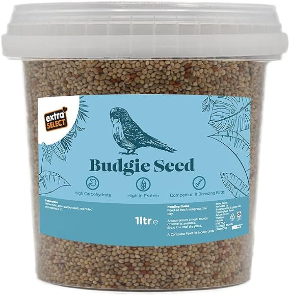 Extra Select Budgie Seed Mix - Indoor Bird Food for Small Birds Only in Handy Bird Seed Storage Tub - 1 Litre