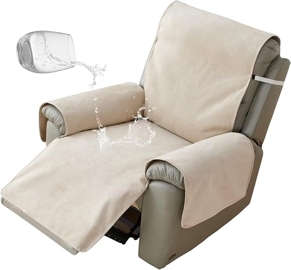 100% Water Resistant Recliner Slipcovers Stay in Place with Elastic Straps,26 inch Lazyboy Chair Covers Washable,1 Piece Velvet Waterproof Kids Pets Covers for Recliner Chair Beige