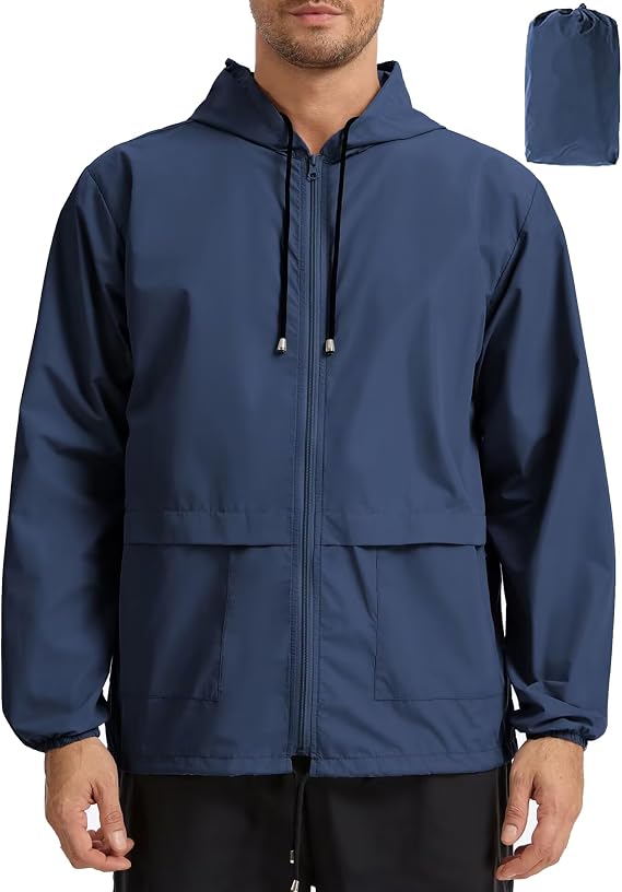 Mens Rain Jacket Lightweight Waterproof Raincoat with Hood Packable Windbreaker Jacket Hiking Cycling