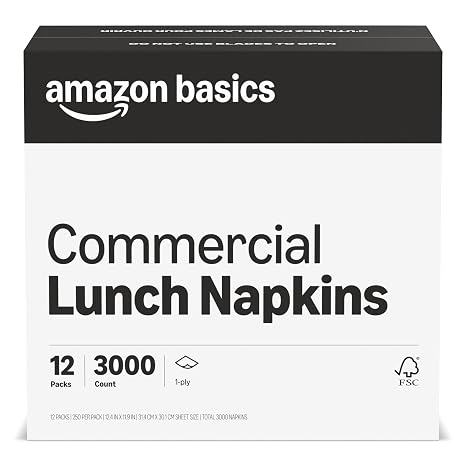 Amazon Basics 1-Ply White Disposable Lunch Napkins for Restaurants and Events, Party Napkins, 250 Napkins per Pack (12 Packs), 12 x 12 Sheet (Previouly AmazonCommercial)