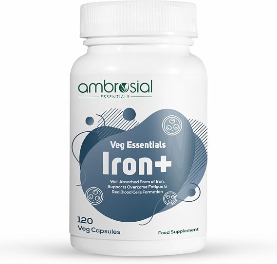 Ambrosial Iron Capsules 25mg - High Strength Supplements for Women & Men - Blood Support for Tiredness & Fatigue - Non-Constipating, Enhanced Absorption - Vegan, Gluten Free - 120 Iron Capsules