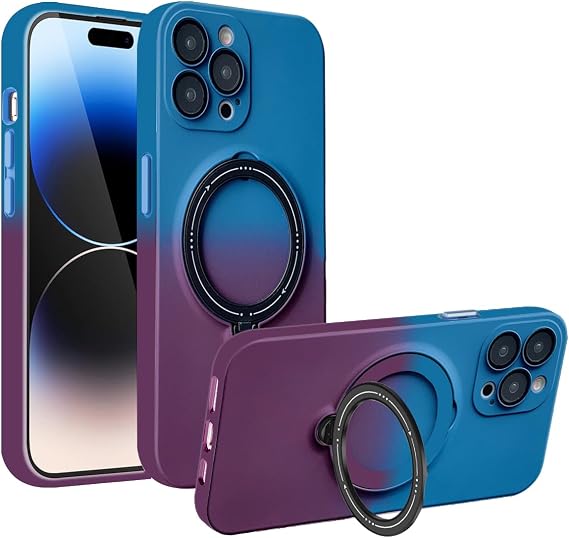 Guppy Compatible with iPhone 16 Pro Case with Magnetic Fitting Stand Compatible with MagSafe Case, Gradual Change Soft Liquid Silicone Shockproof Full Camera Protector Cover Phone Case-Purple+Blue