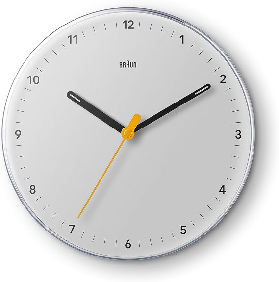 Braun Klasik analog duvar saati sessiz kuvars mekanizması, iyi okunabilir, 23 cm çap beyaz, model BC26W.