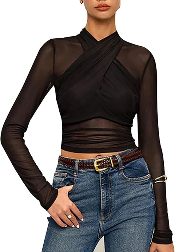 Long Sleeve Mesh Crop Tops for Women Criss Cross See Through Black Sheer Ruched Blouse Sexy Slim Fit Tee Shirt