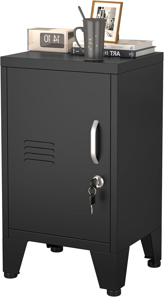 Ckzbx Locker Nightstand Metal Cabinet Single Door Lockable Coffee Table Storage with Adjustable Shelf and Feet Suitable for Bedside Table, Bedroom, Living Room, Office (24.13" H Black)