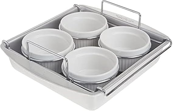 Chicago Metallic Professional 6-Piece Creme Brulee Set with 4 Porcelain Ramekins, 8-inch Square Pan and Wire Rack