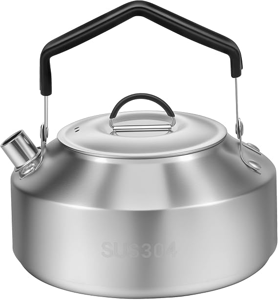 Camping Kettle Portable Camp Tea Coffee Pot Stainless Steel Teapot with Anti Scald Handle Fast Heating Boiling Water for Outdoor Campfire Hiking Camping Picnic Outdoor Activity(1L)
