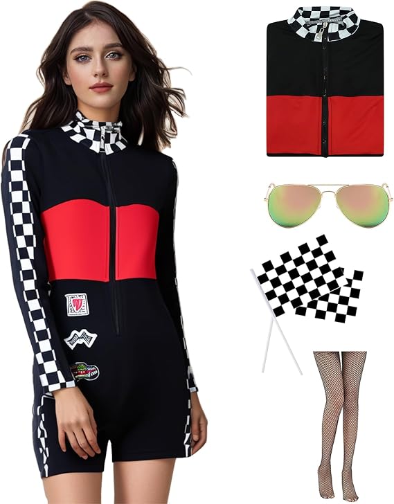 Women Race Car Driver Costume Racing Outfit Sexy Bodysuit Halloween Set
