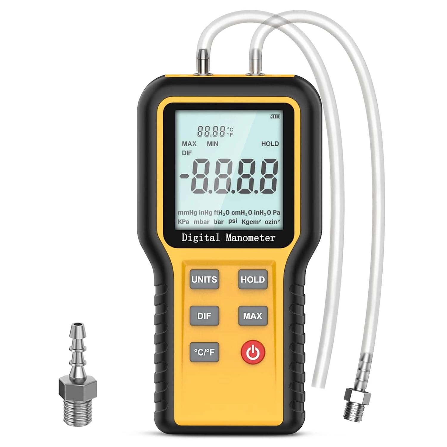 Dual-Port HVAC Manometer, Professional Air Pressure Meter,12 Selectable Units Differential Pressure Gauge with Large LCD Display Backlight Included Battery