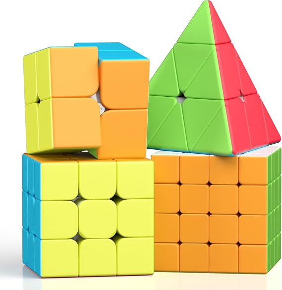 ROXENDA Magic Cube Set - 2 x 2 3 x 3 4 x 4 Pyramid Speed Cube Set with Cube Tutorial for Children and Adults [Pack of 4] (Stickerless)