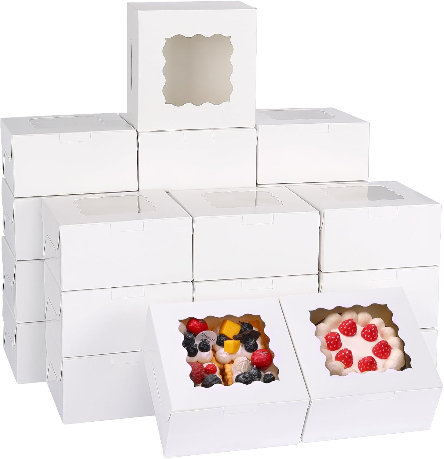 Moretoes 80pcs 6x6x3 Inches Bakery Boxes, Cookie Boxes with Window, Small Treat Containers for Pastries, Chocolate Covered Strawberries, Macarons, Cupcakes, Goodies, Donuts,White